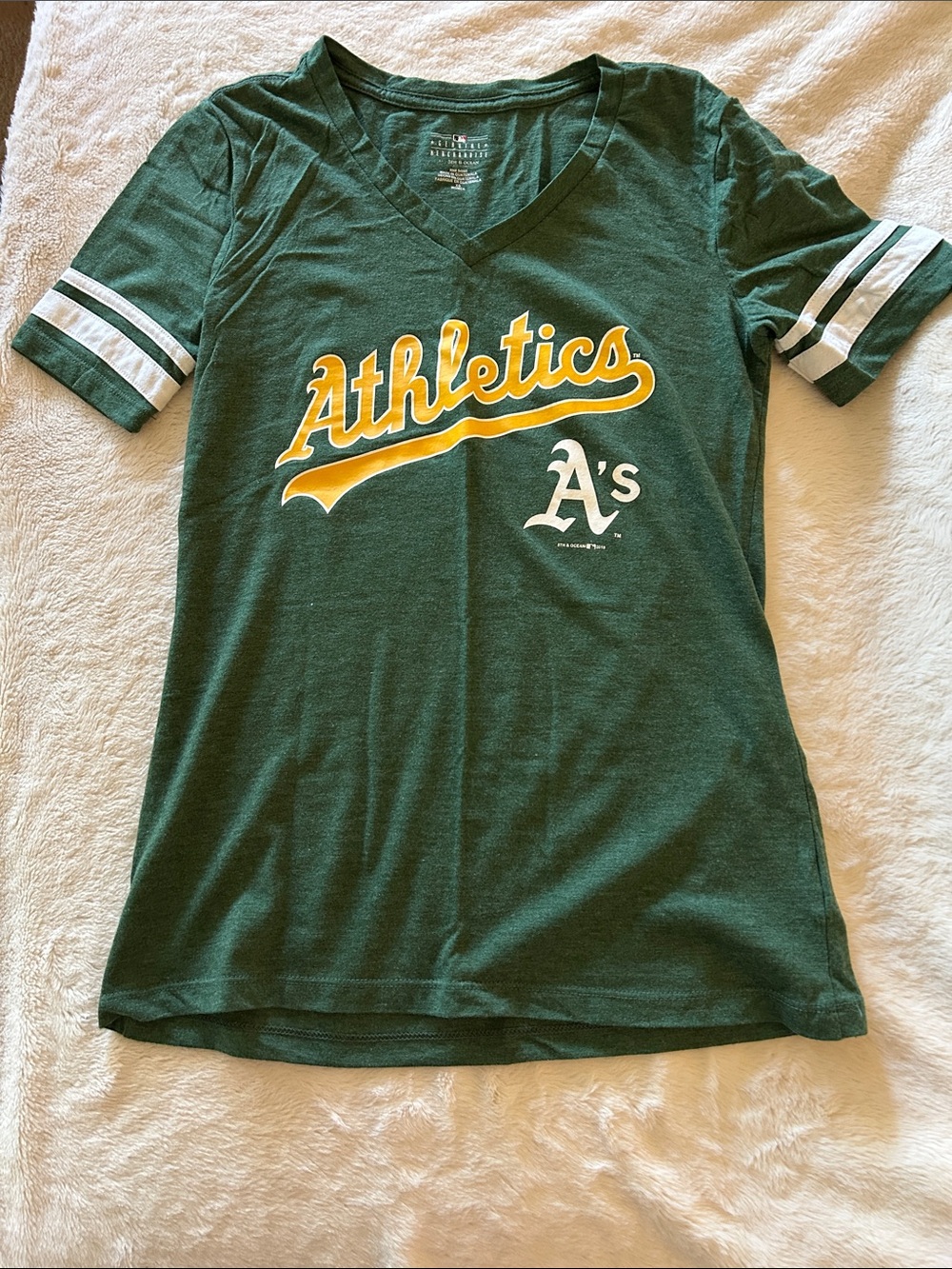 5th & Ocean Green V‑Neck Athletics Tee with Yellow and White Graphics